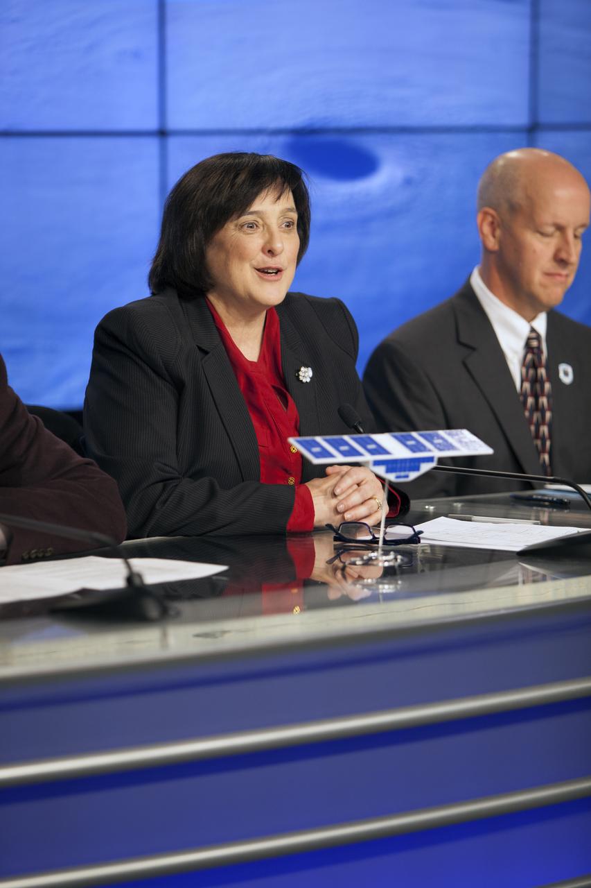 In the Kennedy Space Center’s Press Site auditorium, NASA and industry leaders speak to members of the media during a prelaunch news conference for the agency’s Cyclone Global Navigation Satellite System, or CYGNSS, spacecraft. From left are: Christine Bonniksen, CYGNSS program executive in the Earth Science Division of the Science Mission Directorate at NASA Headquarters in Washington, D.C.; and Tim Dunn, NASA launch director at Kennedy. The eight CYGNSS satellites will make frequent and accurate measurements of ocean surface winds throughout the life cycle of tropical storms and hurricanes. The data will help scientists probe key air-sea interaction processes that take place near the core of storms, which are rapidly changing and play a crucial role in the beginning and intensification of hurricanes.