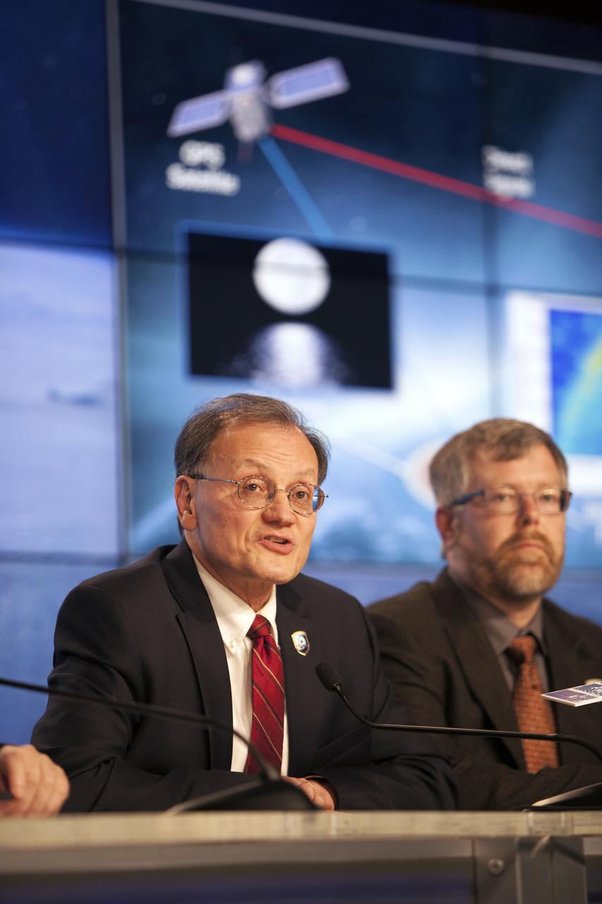 In the Kennedy Space Center’s Press Site auditorium, NASA and industry leaders speak to members of the media during a mission science briefing for the agency’s Cyclone Global Navigation Satellite System, or CYGNSS, spacecraft. From left are: Dr. Chris Ruf, CYGNSS principal investigator, Department of Climate and Space Sciences and Engineering at the University of Michigan; and Aaron Ridley, CYGNSS constellation scientist in the Climate and Space Department at the University of Michigan in Ann Arbor, Michigan. The eight CYGNSS satellites will make frequent and accurate measurements of ocean surface winds throughout the life cycle of tropical storms and hurricanes. The data will help scientists probe key air-sea interaction processes that take place near the core of storms, which are rapidly changing and play a crucial role in the beginning and intensification of hurricanes.