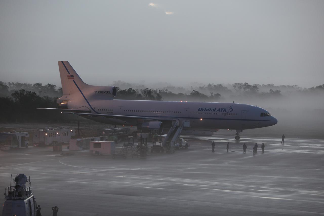 An Orbital ATK L-1011 Stargazer aircraft carrying a Pegasus XL Rocket with eight NASA Cyclone Global Navigation Satellite System, or CYGNSS, spacecraft is ready for takeoff from the Skid Strip at Cape Canaveral Air Force Station, Florida. With the aircraft flying off shore, the Pegasus rocket will be released. Five seconds later, the solid propellant engine will ignite and boost the eight hurricane observatories to orbit. The eight CYGNSS satellites will make frequent and accurate measurements of ocean surface winds throughout the life cycle of tropical storms and hurricanes. 
