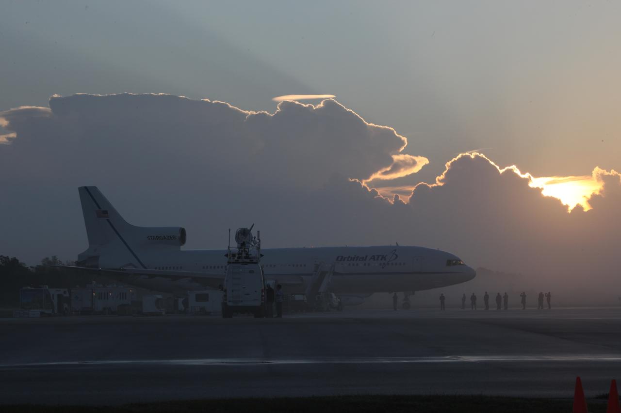 An Orbital ATK L-1011 Stargazer aircraft carrying a Pegasus XL Rocket with eight NASA Cyclone Global Navigation Satellite System, or CYGNSS, spacecraft is ready for takeoff from the Skid Strip at Cape Canaveral Air Force Station, Florida. With the aircraft flying off shore, the Pegasus rocket will be released. Five seconds later, the solid propellant engine will ignite and boost the eight hurricane observatories to orbit. The eight CYGNSS satellites will make frequent and accurate measurements of ocean surface winds throughout the life cycle of tropical storms and hurricanes. 