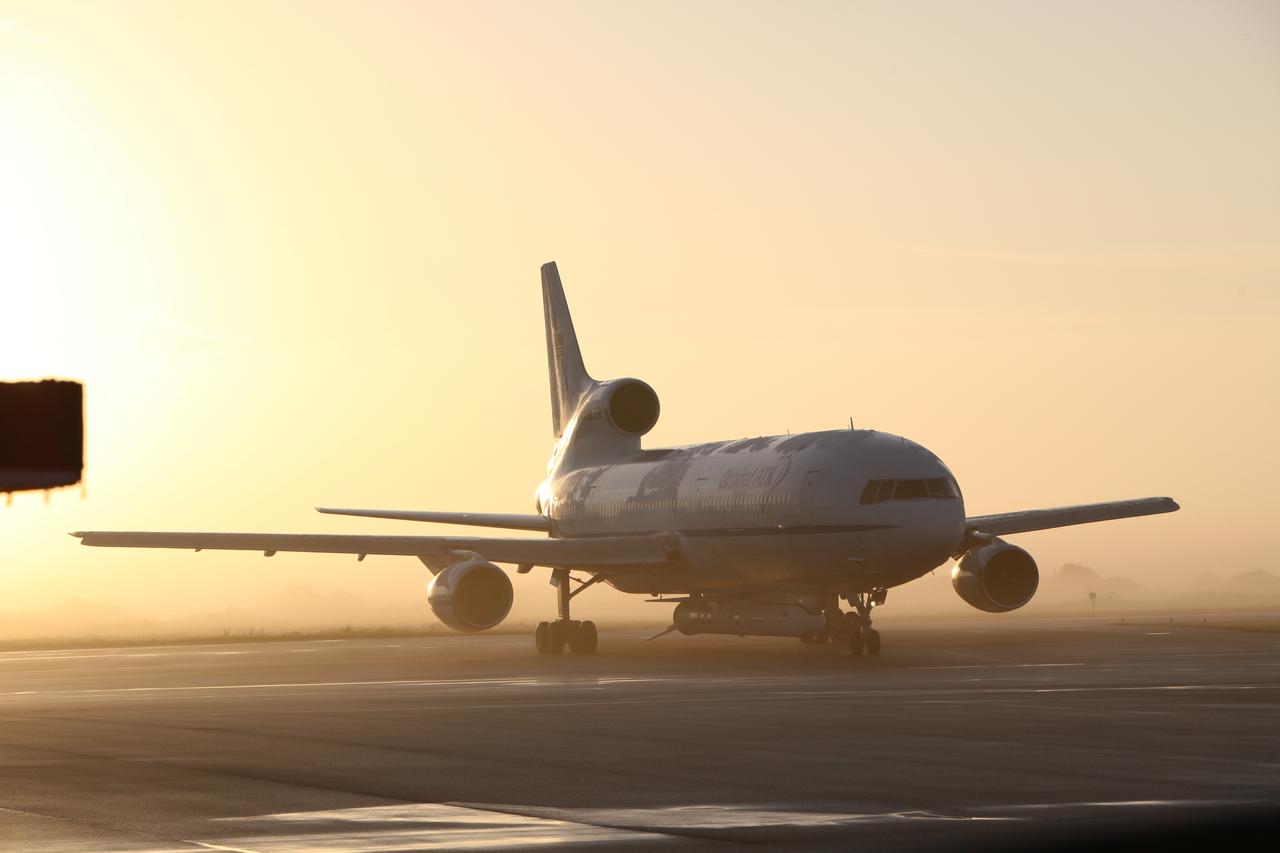 An Orbital ATK L-1011 Stargazer aircraft carrying a Pegasus XL Rocket with eight NASA Cyclone Global Navigation Satellite System, or CYGNSS, spacecraft is ready for takeoff from the Skid Strip at Cape Canaveral Air Force Station, Florida. With the aircraft flying off shore, the Pegasus rocket will be released. Five seconds later, the solid propellant engine will ignite and boost the eight hurricane observatories to orbit. The eight CYGNSS satellites will make frequent and accurate measurements of ocean surface winds throughout the life cycle of tropical storms and hurricanes. 