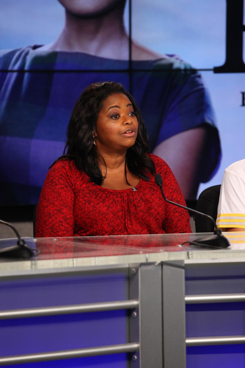 In the Press Site auditorium at the Kennedy Space Center in Florida, Octavia Spencer speaks to members of the media during a news conference with other key individuals involved in the upcoming motion picture "Hidden Figures." The movie is based on the book of the same title, by Margot Lee Shetterly. It chronicles the lives of Katherine Johnson, Dorothy Vaughan (played by Spencer) and Mary Jackson, three African-American women who worked for NASA as human "computers.” Their mathematical calculations were crucial to the success of Project Mercury missions including John Glenn’s orbital flight aboard Friendship 7 in 1962. The film is due in theaters in January 2017.