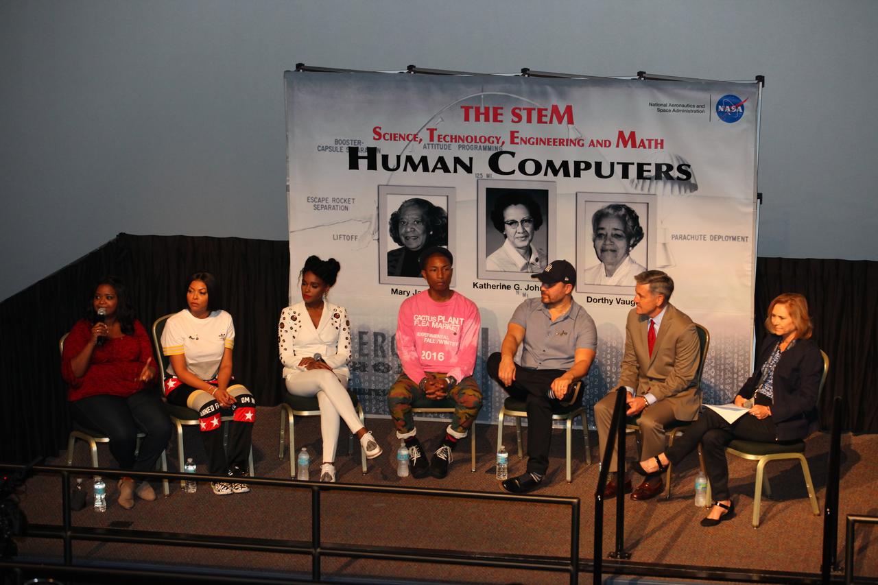 In the IMAX Theater of the Kennedy Space Center Visitor Complex Cast and crew members of the upcoming motion picture "Hidden Figures" participate in a question and answer session. From the left are Octavia Spencer, who portrays Dorothy Vaughan in the film, Taraji P. Henson, who portrays Katherine Johnson, Janelle Monáe, who portrays Mary Jackson, Pharrell Williams, musician and producer of “Hidden Figures," Ted Melfi, writer and director of “Hidden Figures,” center director Bob Cabana, and Janet Petro, deputy center director. The movie is based on the book of the same title, by Margot Lee Shetterly. It chronicles the lives of Katherine Johnson, Dorothy Vaughan and Mary Jackson, three African-American women who worked for NASA as human "computers.” Their mathematical calculations were crucial to the success of Project Mercury missions including John Glenn’s orbital flight aboard Friendship 7 in 1962. The film is due in theaters in January 2017.
