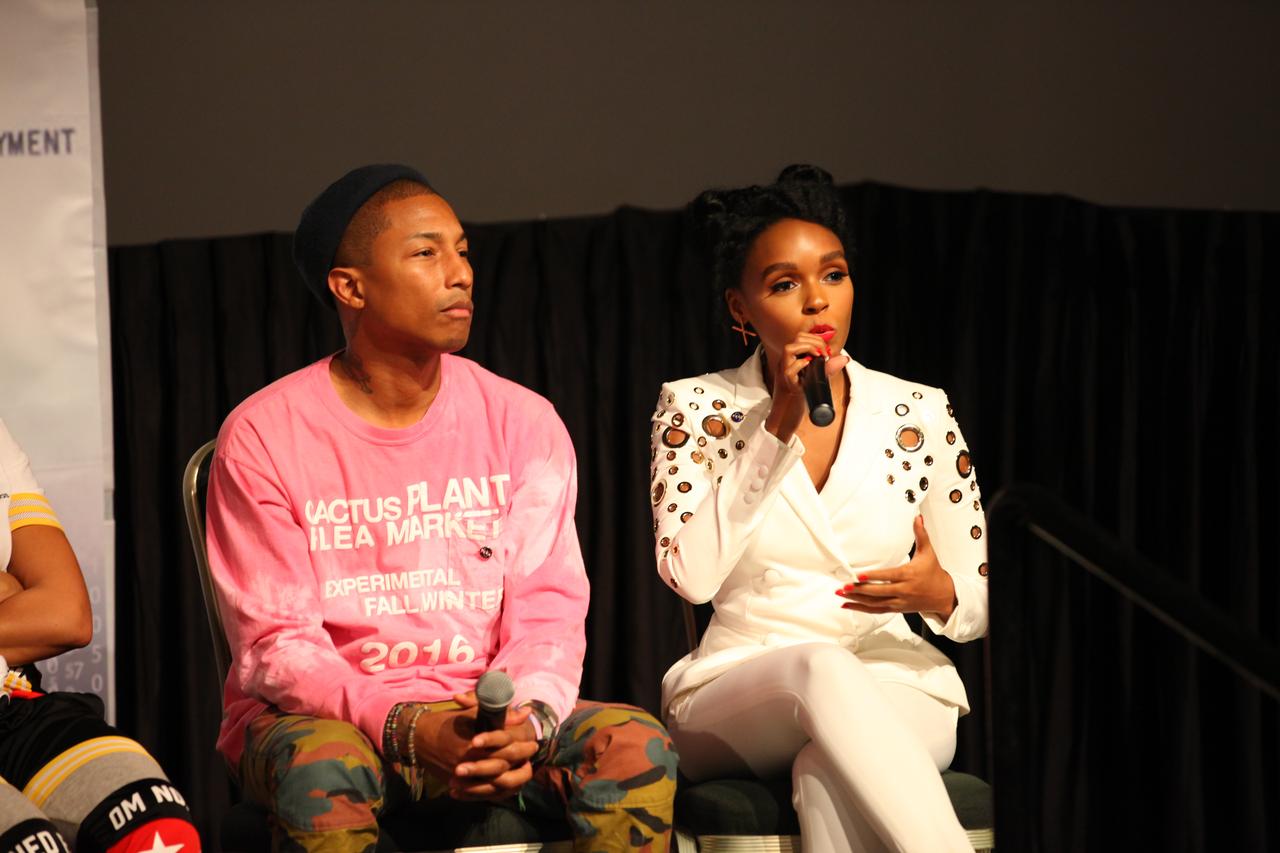 In the IMAX Theater of the Kennedy Space Center Visitor Complex Cast and crew members of the upcoming motion picture "Hidden Figures" participate in a question and answer session. From the left are Pharrell Williams, musician and producer of “Hidden Figures," and Janelle Monáe, who portrays Mary Jackson in the film. The movie chronicles the lives of Katherine Johnson, Dorothy Vaughan and Mary Jackson, three African-American women who worked for NASA as human "computers.” Their mathematical calculations were crucial to the success of Project Mercury missions including John Glenn’s orbital flight aboard Friendship 7 in 1962. The film is due in theaters in January 2017.