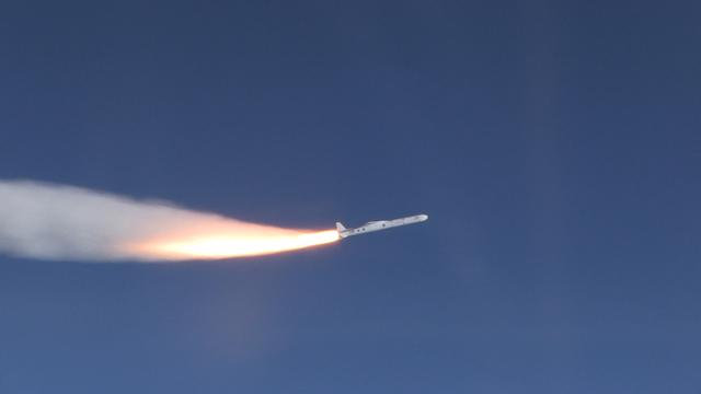 The Orbital ATK Pegasus XL rocket carrying NASA's Cyclone Global Navigation Satellite System, or CYGNSS, spacecraft is released and the first stage ignites at 8:37 a.m. EST. The rocket was released from the Orbital ATK L-1011 Stargazer aircraft flying over the Atlantic Ocean offshore from Daytona Beach, Florida following takeoff from the Skid Strip at Cape Canaveral Air Force Station. This image was taken from a NASA F-18 chase plane provided by Armstrong Flight Research Center in California. The CYGNSS satellites will make frequent and accurate measurements of ocean surface winds throughout the life cycle of tropical storms and hurricanes.