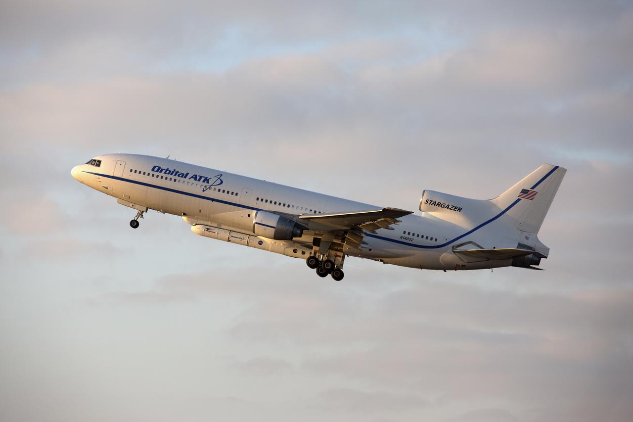 An Orbital ATK L-1011 Stargazer aircraft carrying a Pegasus XL Rocket with eight NASA Cyclone Global Navigation Satellite System, or CYGNSS, soars high after takeoff from the Skid Strip at Cape Canaveral Air Force Station, Florida. With the aircraft flying off shore, the Pegasus rocket will be released. Five seconds later, the solid propellant engine will ignite and boost the eight hurricane observatories to orbit. The eight CYGNSS satellites will make frequent and accurate measurements of ocean surface winds throughout the life cycle of tropical storms and hurricanes. Release of the Pegasus XL rocket is scheduled for 8:40 a.m. EST.