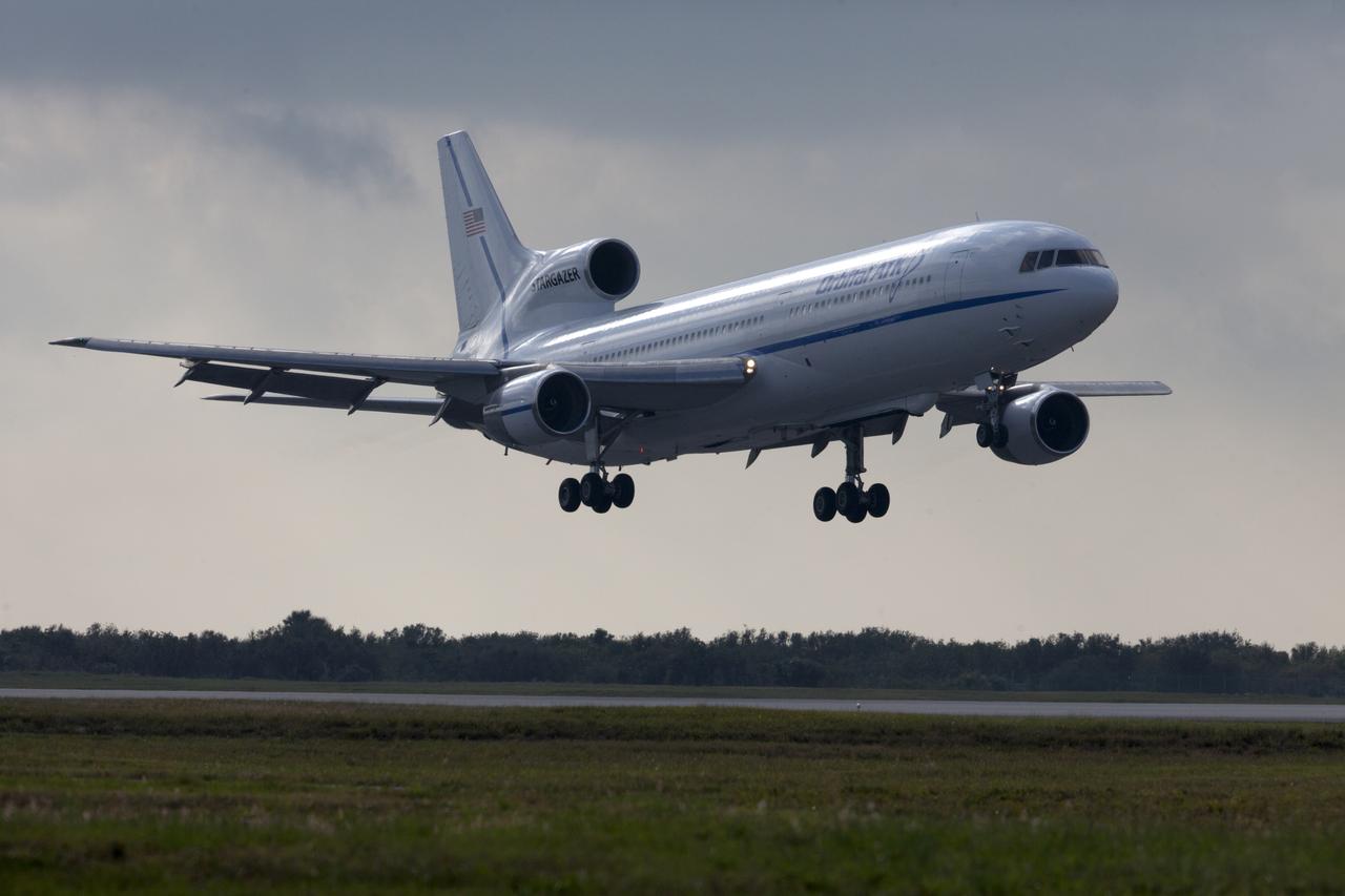 An Orbital ATK L-1011 Stargazer aircraft descends toward the Skid Strip at Cape Canaveral Air Force Station in Florida. The aircraft carried a Pegasus XL Rocket with eight NASA Cyclone Global Navigation Satellite System, or CYGNSS, for launch. With the aircraft flying off shore, the Pegasus rocket was released. Five seconds later, the solid propellant engine ignited and boosted the eight hurricane observatories to orbit. The eight CYGNSS satellites will make frequent and accurate measurements of ocean surface winds throughout the life cycle of tropical storms and hurricanes. Release of the Pegasus XL rocket occurred at 8:37 a.m. EST.