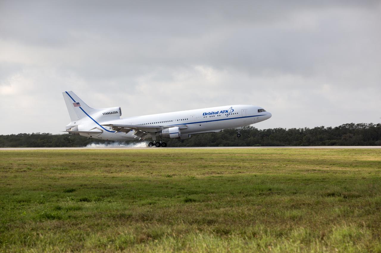 An Orbital ATK L-1011 Stargazer touches down at the Skid Strip at Cape Canaveral Air Force Station in Florida. The aircraft carried a Pegasus XL Rocket with eight NASA Cyclone Global Navigation Satellite System, or CYGNSS, for launch. With the aircraft flying off shore, the Pegasus rocket was released at 8:37 a.m. EST. Five seconds later, the solid propellant engine ignited and boosted the eight hurricane observatories to orbit. The eight CYGNSS satellites will make frequent and accurate measurements of ocean surface winds throughout the life cycle of tropical storms and hurricanes.
