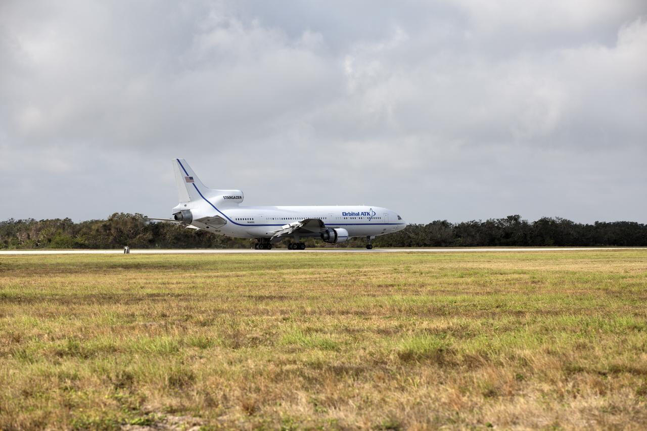 An Orbital ATK L-1011 Stargazer touches down at the Skid Strip at Cape Canaveral Air Force Station in Florida. The aircraft carried a Pegasus XL Rocket with eight NASA Cyclone Global Navigation Satellite System, or CYGNSS, for launch. With the aircraft flying off shore, the Pegasus rocket was released at 8:37 a.m. EST. Five seconds later, the solid propellant engine ignited and boosted the eight hurricane observatories to orbit. The eight CYGNSS satellites will make frequent and accurate measurements of ocean surface winds throughout the life cycle of tropical storms and hurricanes. 