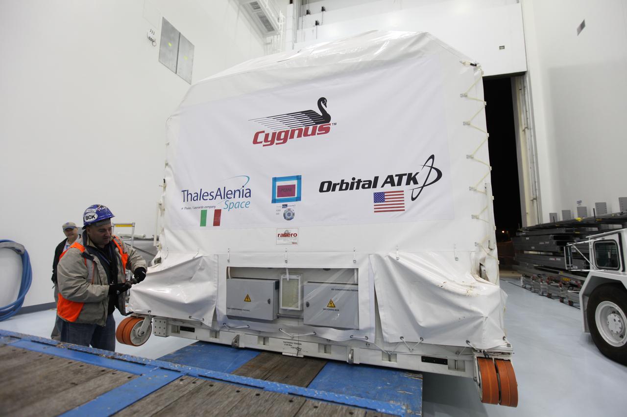 Still sealed in its environmentally controlled shipping container, the Orbital ATK OA-7 Cygnus spacecraft's pressurized cargo module (PCM) has arrived inside the Space Station Processing Facility at NASA's Kennedy Space Center in Florida. Once the Cygnus spacecraft is removed from its shipping container, engineers and technicians will begin preparing for launch scheduled for March 2017. Orbital ATK CRS-7 will lift off atop a United Launch Alliance Atlas V rocket from Space launch Complex 41 at Cape Canaveral Air Force Station. The commercial resupply services mission to the International Space Station will deliver thousands of pounds of supplies, equipment and scientific research materials that improve life on Earth and drive progress toward future space exploration.