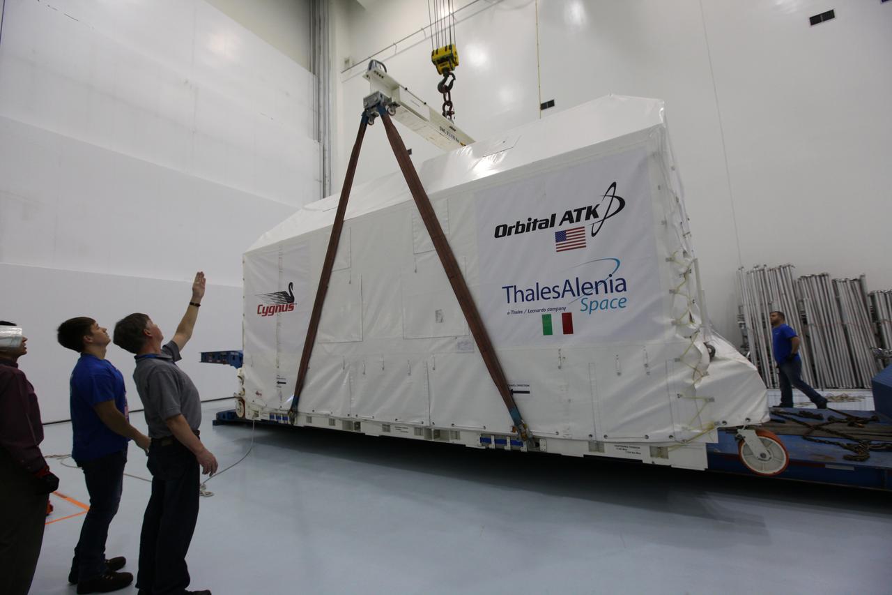 The Orbital ATK OA-7 Cygnus spacecraft's pressurized cargo module (PCM) arrives at the Space Station Processing Facility of NASA's Kennedy Space Center in Florida. The PCM is sealed in an environmentally controlled shipping container. Scheduled to launch on March 19, 2017, the Orbital ATK OA-7 mission will lift off atop a United Launch Alliance Atlas V rocket from Space launch Complex 41 at Cape Canaveral Air Force Station. The commercial resupply services mission to the International Space Station will deliver thousands of pounds of supplies, equipment and scientific research materials that improve life on Earth and drive progress toward future space exploration.
