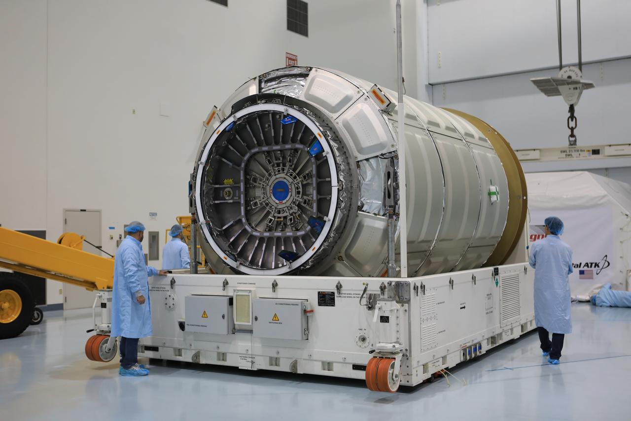 Inside the high bay of the Space Station Processing Facility of NASA's Kennedy Space Center in Florida engineers and technicians remove the Orbital ATK OA-7 Cygnus spacecraft's pressurized cargo module (PCM) from its environmentally controlled shipping container. Scheduled to launch on March 19, 2017, the Orbital ATK OA-7 mission will lift off atop a United Launch Alliance Atlas V rocket from Space launch Complex 41 at Cape Canaveral Air Force Station. The commercial resupply services mission to the International Space Station will deliver thousands of pounds of supplies, equipment and scientific research materials that improve life on Earth and drive progress toward future space exploration.
