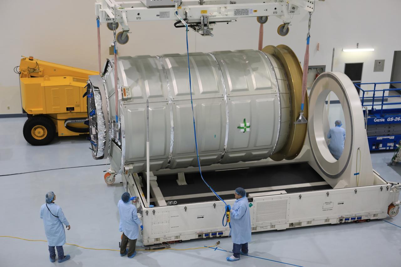 Inside the high bay of the Space Station Processing Facility of NASA's Kennedy Space Center in Florida engineers and technicians remove the Orbital ATK OA-7 Cygnus spacecraft's pressurized cargo module (PCM) from its environmentally controlled shipping container. Scheduled to launch on March 19, 2017, the Orbital ATK OA-7 mission will lift off atop a United Launch Alliance Atlas V rocket from Space launch Complex 41 at Cape Canaveral Air Force Station. The commercial resupply services mission to the International Space Station will deliver thousands of pounds of supplies, equipment and scientific research materials that improve life on Earth and drive progress toward future space exploration.
