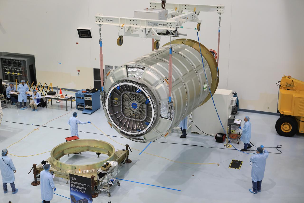 Engineers and technicians at NASA's Kennedy Space Center in Florida move the Orbital ATK OA-7 Cygnus spacecraft's pressurized cargo module (PCM) to a test stand inside the high bay of the Space Station Processing Facility. Scheduled to launch on March 19, 2017, the Orbital ATK OA-7 mission will lift off atop a United Launch Alliance Atlas V rocket from Space launch Complex 41 at Cape Canaveral Air Force Station. The commercial resupply services mission to the International Space Station will deliver thousands of pounds of supplies, equipment and scientific research materials that improve life on Earth and drive progress toward future space exploration.