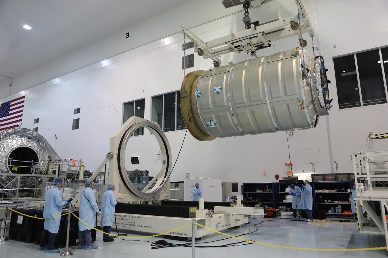 Engineers and technicians at NASA's Kennedy Space Center in Florida move the Orbital ATK OA-7 Cygnus spacecraft's pressurized cargo module (PCM) to a test stand inside the high bay of the Space Station Processing Facility. Scheduled to launch on March 19, 2017, the Orbital ATK OA-7 mission will lift off atop a United Launch Alliance Atlas V rocket from Space launch Complex 41 at Cape Canaveral Air Force Station. The commercial resupply services mission to the International Space Station will deliver thousands of pounds of supplies, equipment and scientific research materials that improve life on Earth and drive progress toward future space exploration.