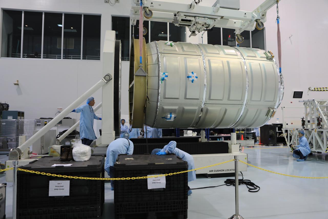 Engineers and technicians at NASA's Kennedy Space Center in Florida move the Orbital ATK OA-7 Cygnus spacecraft's pressurized cargo module (PCM) to a test stand inside the high bay of the Space Station Processing Facility. Scheduled to launch on March 19, 2017, the Orbital ATK OA-7 mission will lift off atop a United Launch Alliance Atlas V rocket from Space launch Complex 41 at Cape Canaveral Air Force Station. The commercial resupply services mission to the International Space Station will deliver thousands of pounds of supplies, equipment and scientific research materials that improve life on Earth and drive progress toward future space exploration.