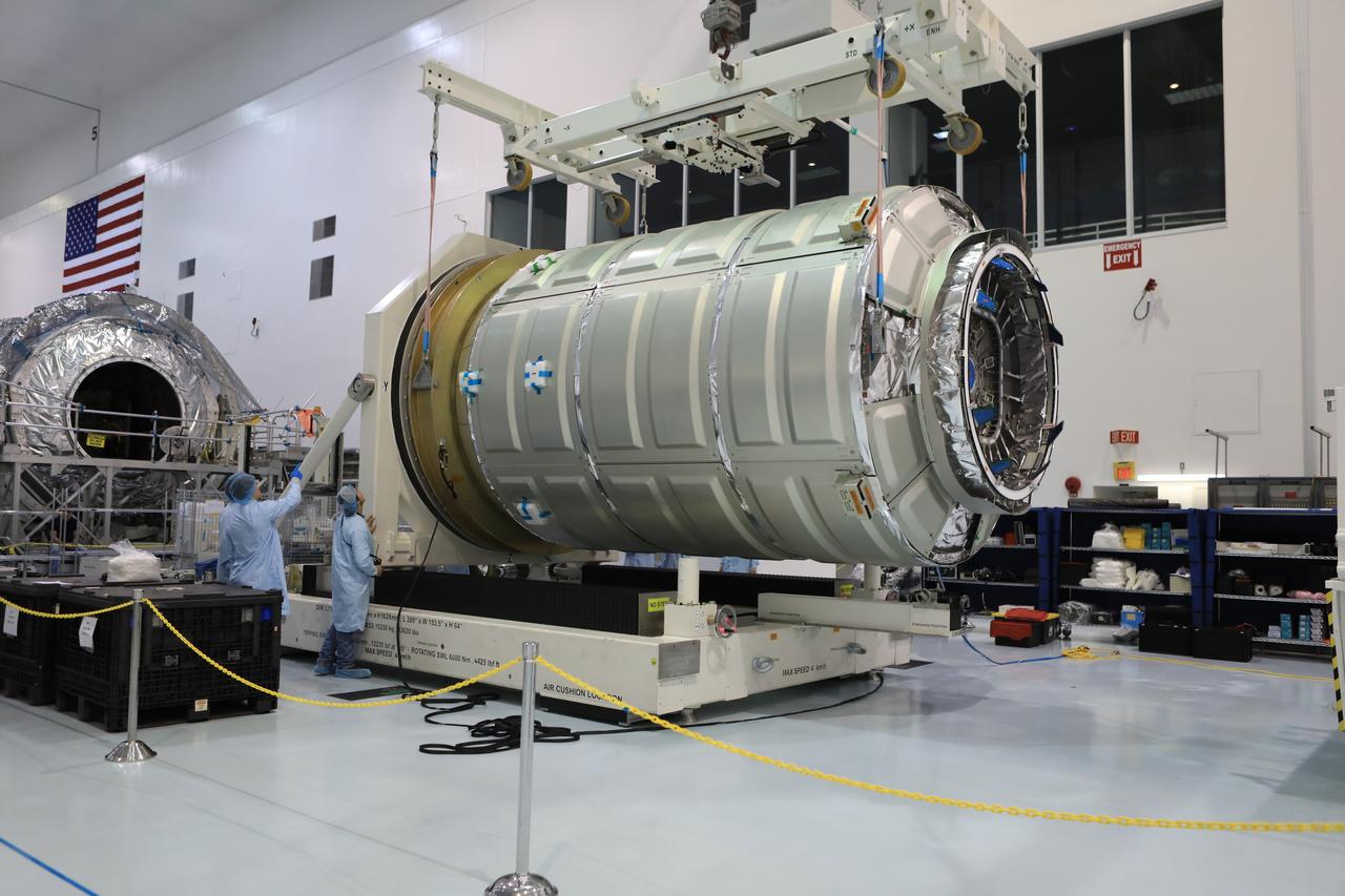 Engineers and technicians at NASA's Kennedy Space Center in Florida move the Orbital ATK OA-7 Cygnus spacecraft's pressurized cargo module (PCM) to a test stand inside the high bay of the Space Station Processing Facility. Scheduled to launch on March 19, 2017, the Orbital ATK OA-7 mission will lift off atop a United Launch Alliance Atlas V rocket from Space launch Complex 41 at Cape Canaveral Air Force Station. The commercial resupply services mission to the International Space Station will deliver thousands of pounds of supplies, equipment and scientific research materials that improve life on Earth and drive progress toward future space exploration.
