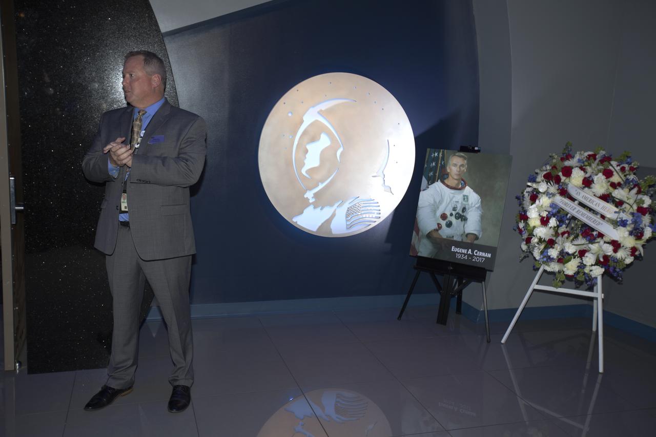 Therrin Protze, Chief Operating Officer, Delaware North Corporation Parks & Resorts at KSC, Inc., speaks during a remembrance ceremony Jan. 18, 2017, at NASA's Kennedy Space Center in Florida. Cernan, who flew on Gemini and Apollo missions, commanded the Apollo 17 mission and was the last person to walk on the moon. 