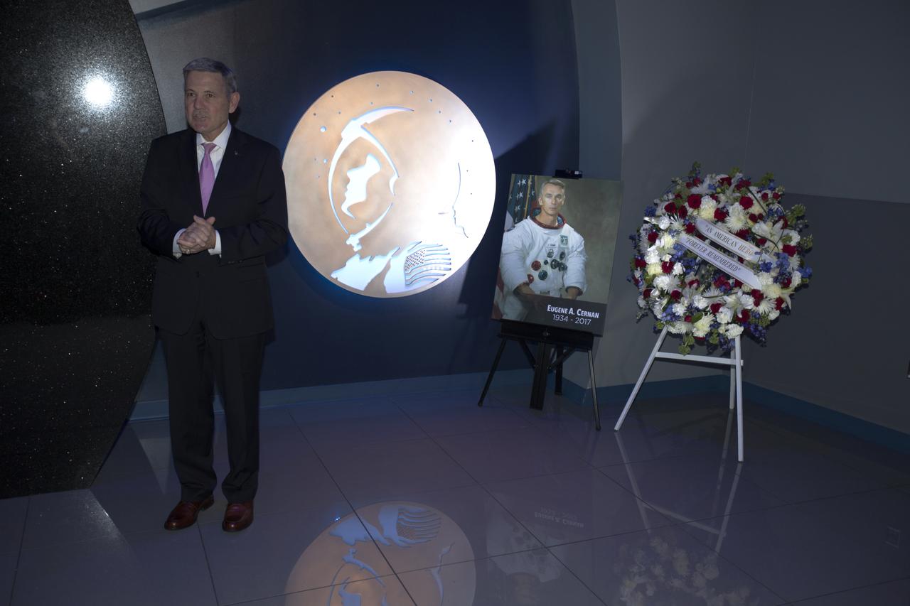 Former astronaut Bob Cabana, director of NASA's Kennedy Space Center in Florida, speaks during a remembrance ceremony Jan. 18, 2017. Cernan, who flew on Gemini and Apollo missions, commanded the Apollo 17 mission and was the last person to walk on the moon. 