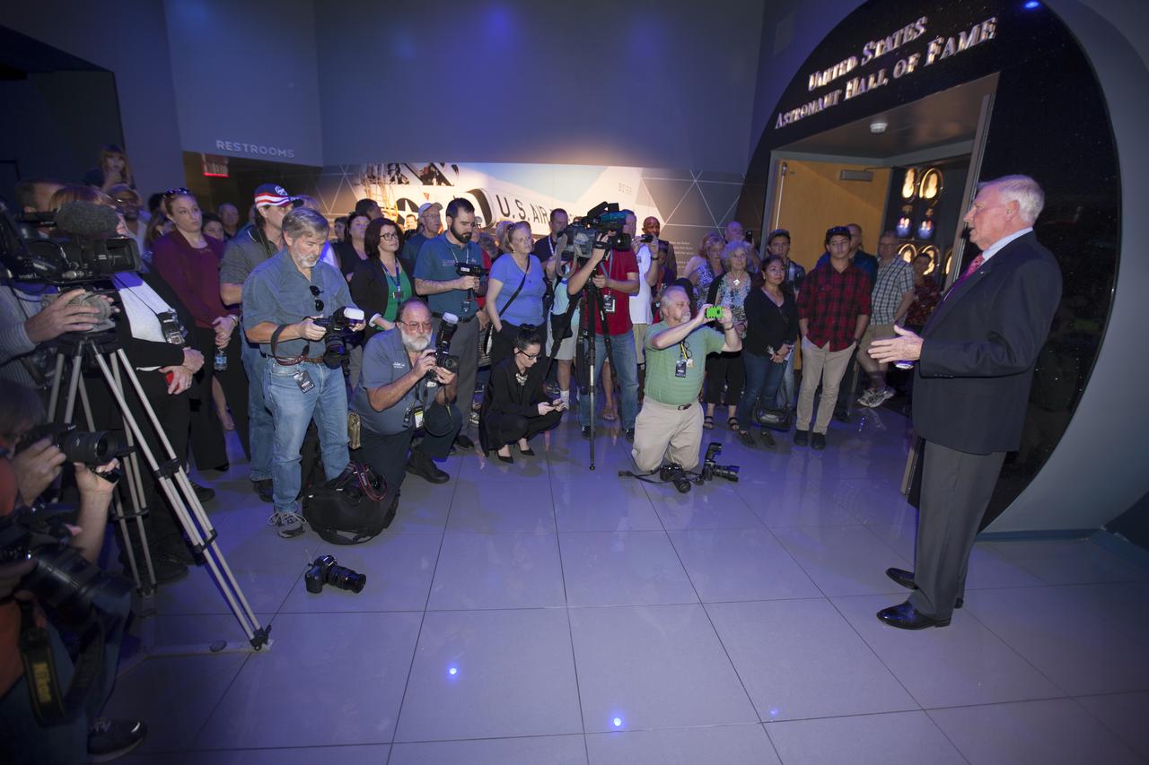 Former astronaut Jon McBride speaks during a remembrance ceremony Jan. 18, 2017, at NASA's Kennedy Space Center in Florida. Cernan, who flew on Gemini and Apollo missions, commanded the Apollo 17 mission and was the last person to walk on the moon. 