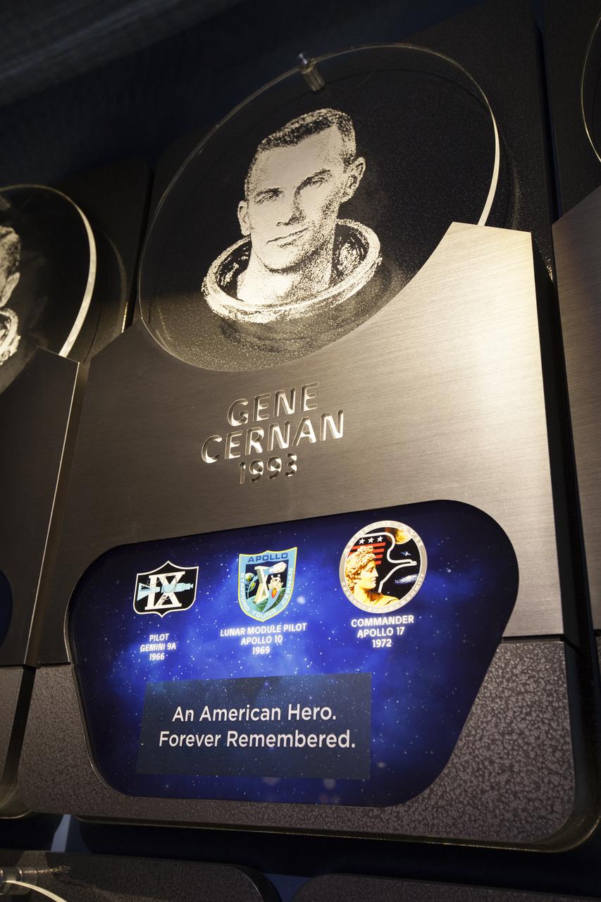 The Astronaut Hall of Fame display for astronaut Gene Cernan is shown following a remembrance ceremony Jan. 18, 2017, at NASA's Kennedy Space Center in Florida. Cernan, who flew on Gemini and Apollo missions, commanded the Apollo 17 mission and was the last person to walk on the moon. 