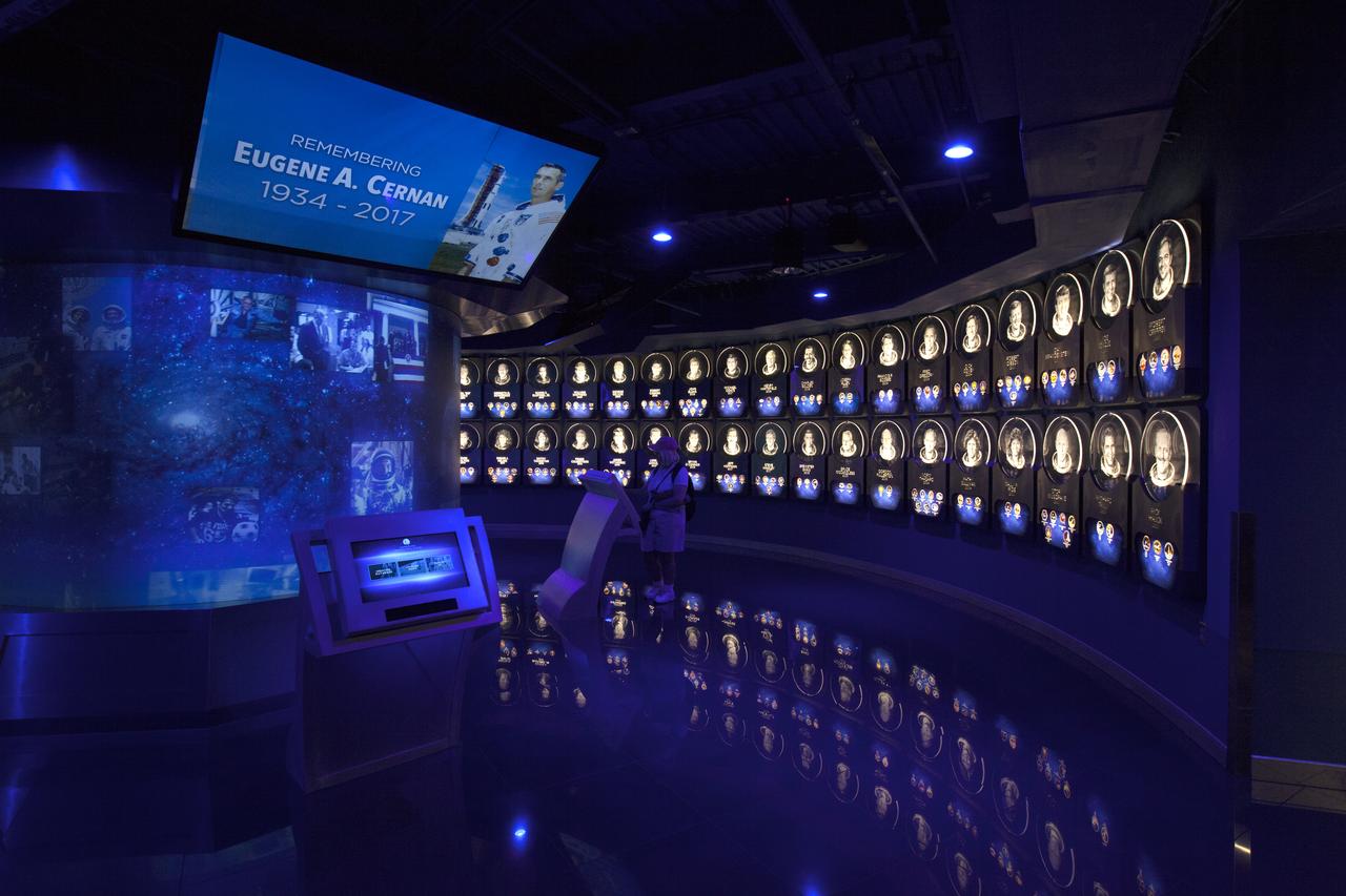 A display for astronaut Gene Cernan is shown following a remembrance ceremony Jan. 18, 2017, at NASA's Kennedy Space Center in Florida. Cernan, who flew on Gemini and Apollo missions, commanded the Apollo 17 mission and was the last person to walk on the moon. 