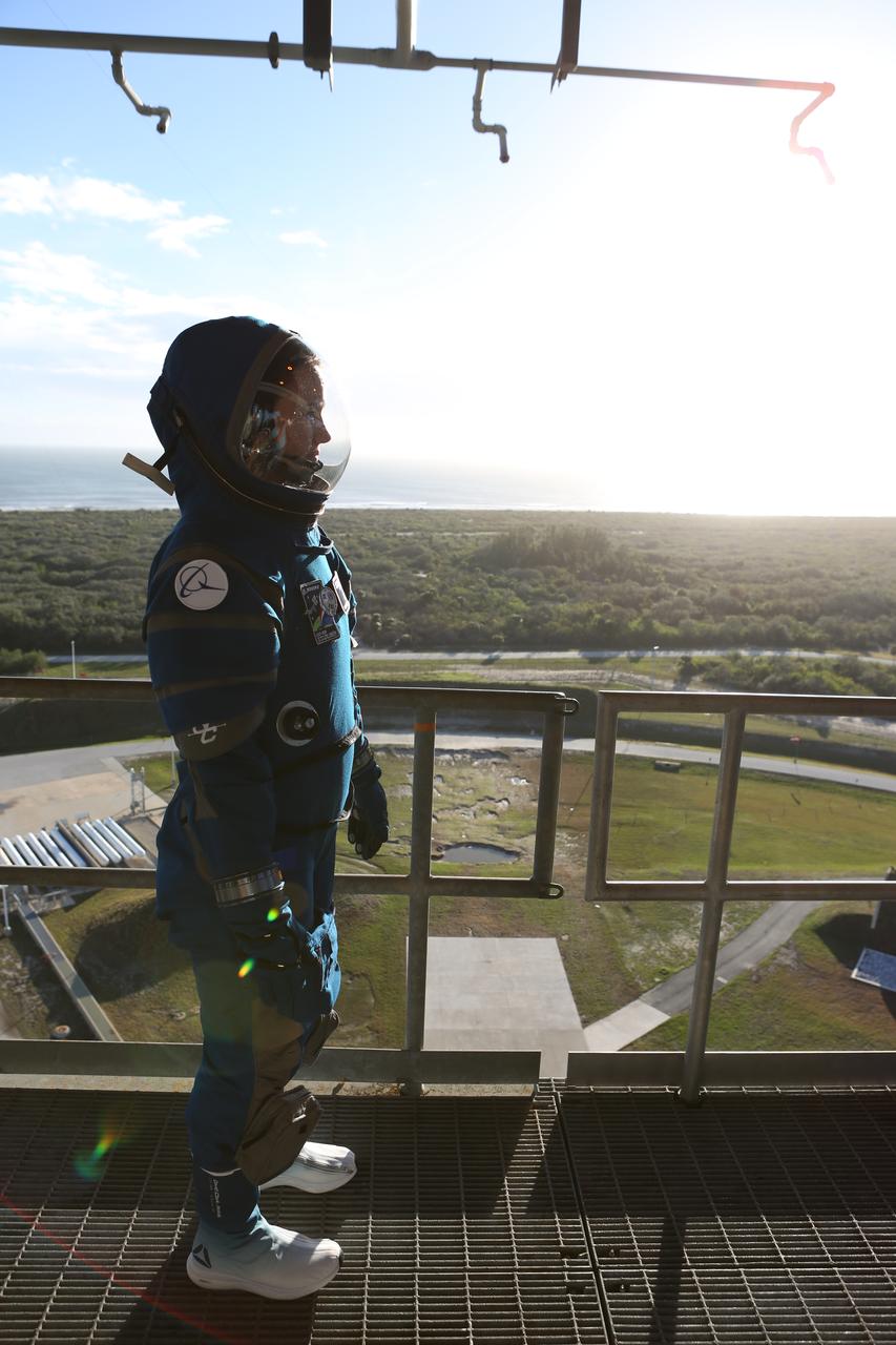 Boeing's new spacesuit designed to be worn by astronauts flying on the CST-100 Starliner. Seen here being worn in the same manner as it will on launch day for the walk to the spacecraft at Space Launch Complex 41, the suit is lighter and more flexible than previous spacesuits but retains the ability to pressurize in an emergency. Astronauts will wear the suit throughout the launch and ascent into orbit as well as on the way back to Earth. Starliners will launch atop Atlas V rockets from United Launch Alliance on missions including flights to the International Space Station for NASA's Commercial Crew Program. Photo credit: NASA/Cory Huston
