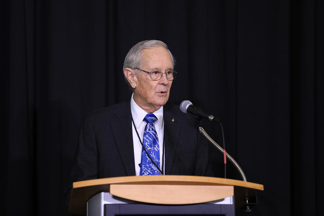 Astronaut Charlie Duke addresses guests at Kennedy Space Center's Day of Remembrance ceremony.  Held this year in the Center for Space Education at the Kennedy Space Center Visitor Complex in Florida, the annual event honors the contributions of all astronauts who lost their lives in the quest for space exploration. 