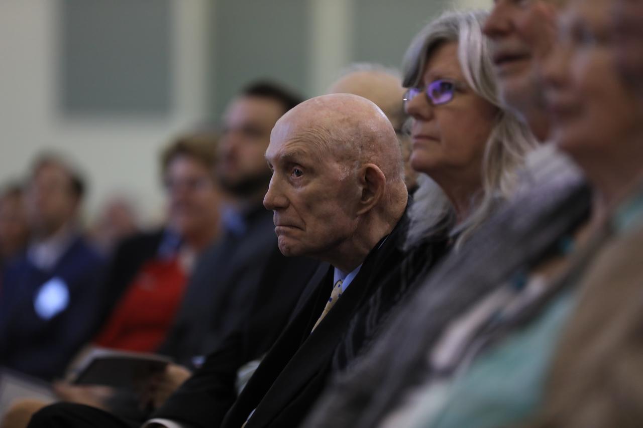 Astronaut Tom Stafford listens to remarks during Kennedy Space Center's Day of Remembrance ceremony. Held this year in the Center for Space Education at the Kennedy Space Center Visitor Complex in Florida, the annual event honors the contributions of all astronauts who lost their lives in the quest for space exploration. 