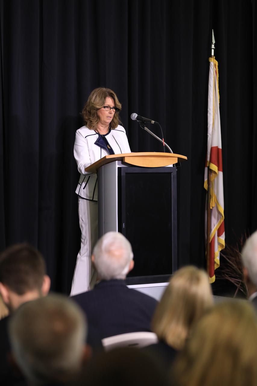 Sheryl Chaffee, daughter of Apollo 1 astronaut Roger Chaffee, addresses guests at Kennedy Space Center's Day of Remembrance ceremony. Held this year in the Center for Space Education at the Kennedy Space Center Visitor Complex in Florida, the annual event honors the contributions of all astronauts who lost their lives in the quest for space exploration. 