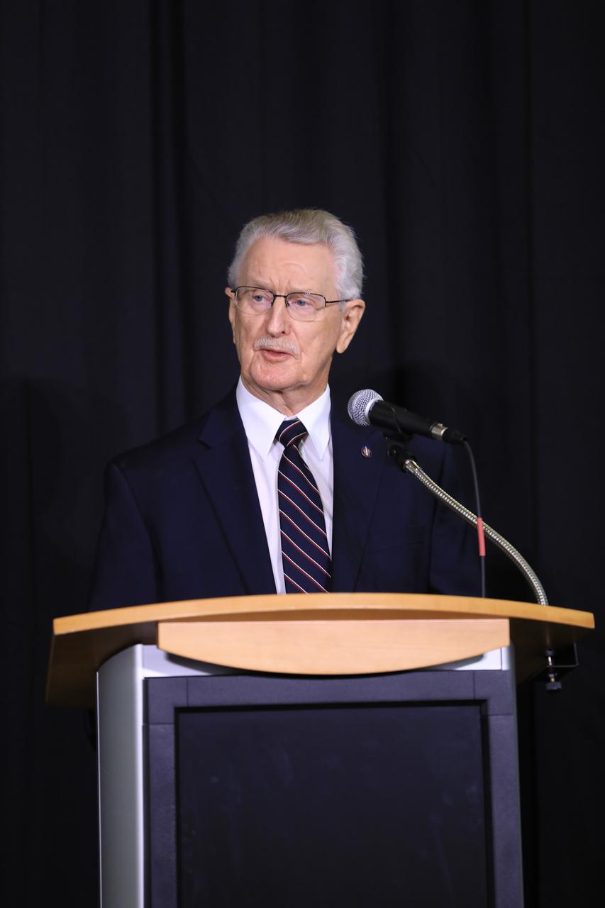 Apollo launch team member John Tribe addresses guests at Kennedy Space Center's Day of Remembrance ceremony.  Held this year in the Center for Space Education at the Kennedy Space Center Visitor Complex in Florida, the annual event honors the contributions of all astronauts who lost their lives in the quest for space exploration. 