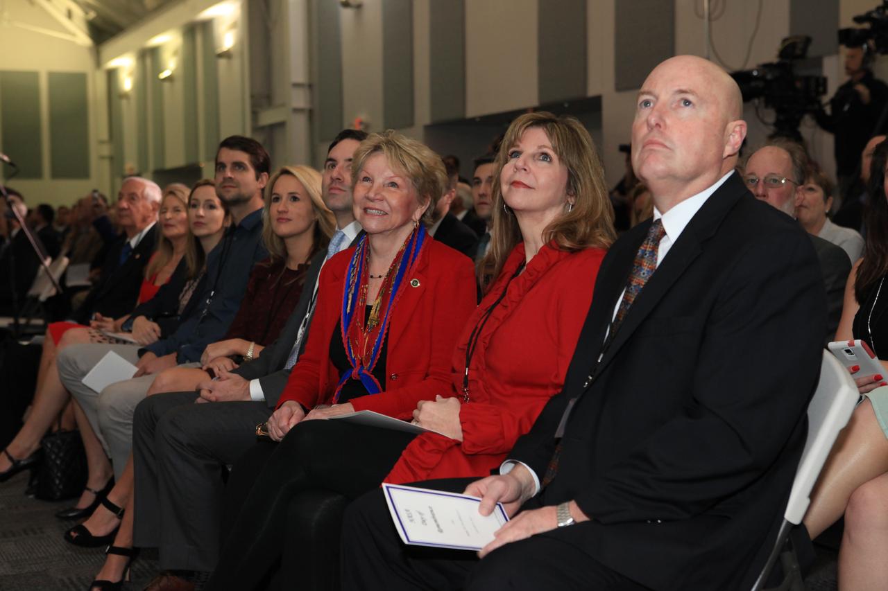 June Scobee Rodgers (center), widow of STS-51L commander Dick Scobee; daughter Kathie Scobee Fulgham; son U.S. Air Force Brig. Gen. Richard Scobee; and other family members and invited guests listen to remarks during Kennedy Space Center's Day of Remembrance ceremony. Held this year in the Center for Space Education at the Kennedy Space Center Visitor Complex in Florida, the annual event honors the contributions of all astronauts who lost their lives in the quest for space exploration.