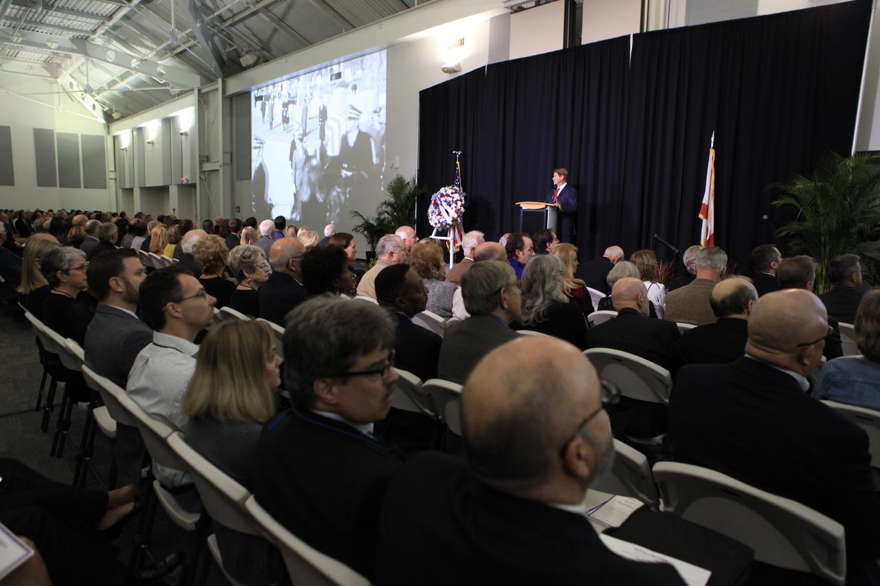State Rep. Thad Altman, president and chief executive officer of the Astronauts Memorial Foundation, addresses guests at Kennedy Space Center's Day of Remembrance ceremony. Held this year in the Center for Space Education at the Kennedy Space Center Visitor Complex in Florida, the annual event honors the contributions of all astronauts who lost their lives in the quest for space exploration.