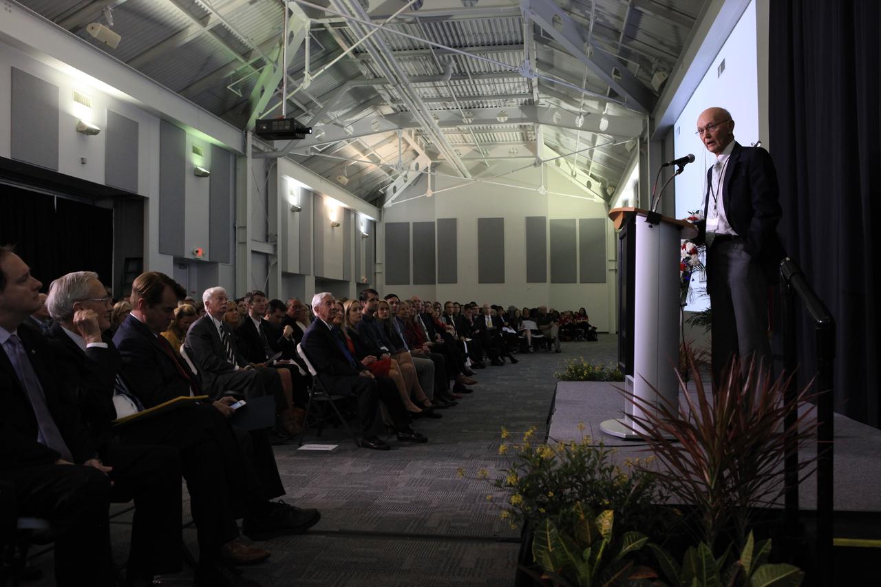 Astronaut Michael Collins addresses guests at Kennedy Space Center's Day of Remembrance ceremony. Held this year in the Center for Space Education at the Kennedy Space Center Visitor Complex in Florida, the annual event honors the contributions of all astronauts who lost their lives in the quest for space exploration.
