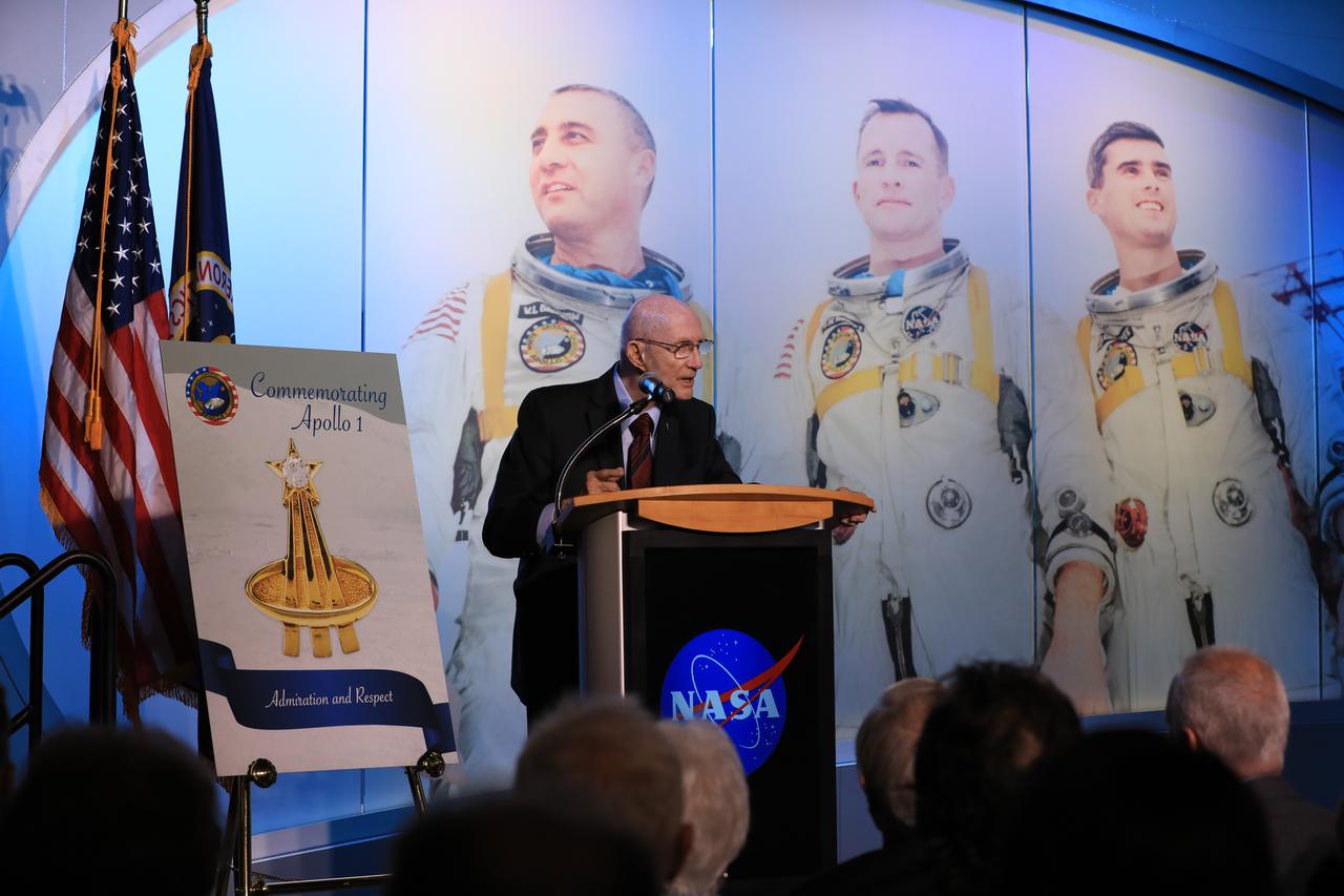 Former Gemini and Apollo astronaut Tom Stafford speaks during the opening of the tribute exhibition to the Apollo 1 astronauts who perished in a fire at the launch pad on Jan. 27, 1967, during training for the mission. The tribute highlights the lives and careers of astronauts Gus Grissom, Ed White II and Roger Chaffee who were lost during the fire. The tribute at the Apollo/Saturn V Center at NASA's Kennedy Space Center opened Jan. 27, 2017, 50 years after the crew of three was lost. It features numerous items recalling the lives of the three astronauts. The tribute also includes the three-part hatch to the spacecraft itself, the first time any part of the Apollo 1 spacecraft has been displayed publicly. A version of the hatch after it was redesigned is also showcased as an example of improvements NASA made throughout the agency and to the Apollo spacecraft that would later carry astronauts to the moon. 