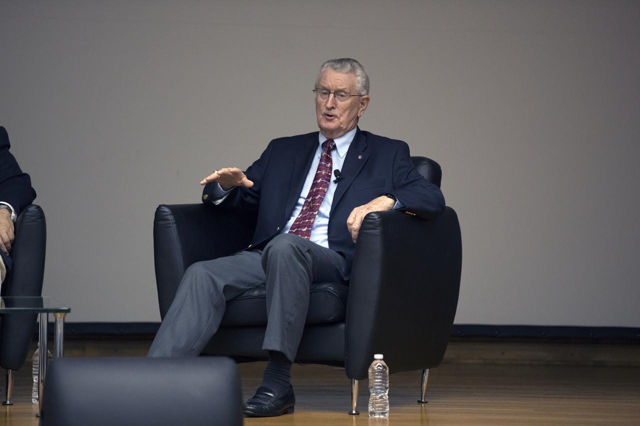 John Tribe, retired, Apollo 1 Reaction and Control System lead engineer, answers questions during the Apollo 1 Lessons Learned event in the Training Auditorium at NASA’s Kennedy Space Center in Florida. The theme of the presentation was "To There and Back Again." The event helped pay tribute to the Apollo 1 crew, Gus Grissom, Ed White II, and Roger Chaffee.