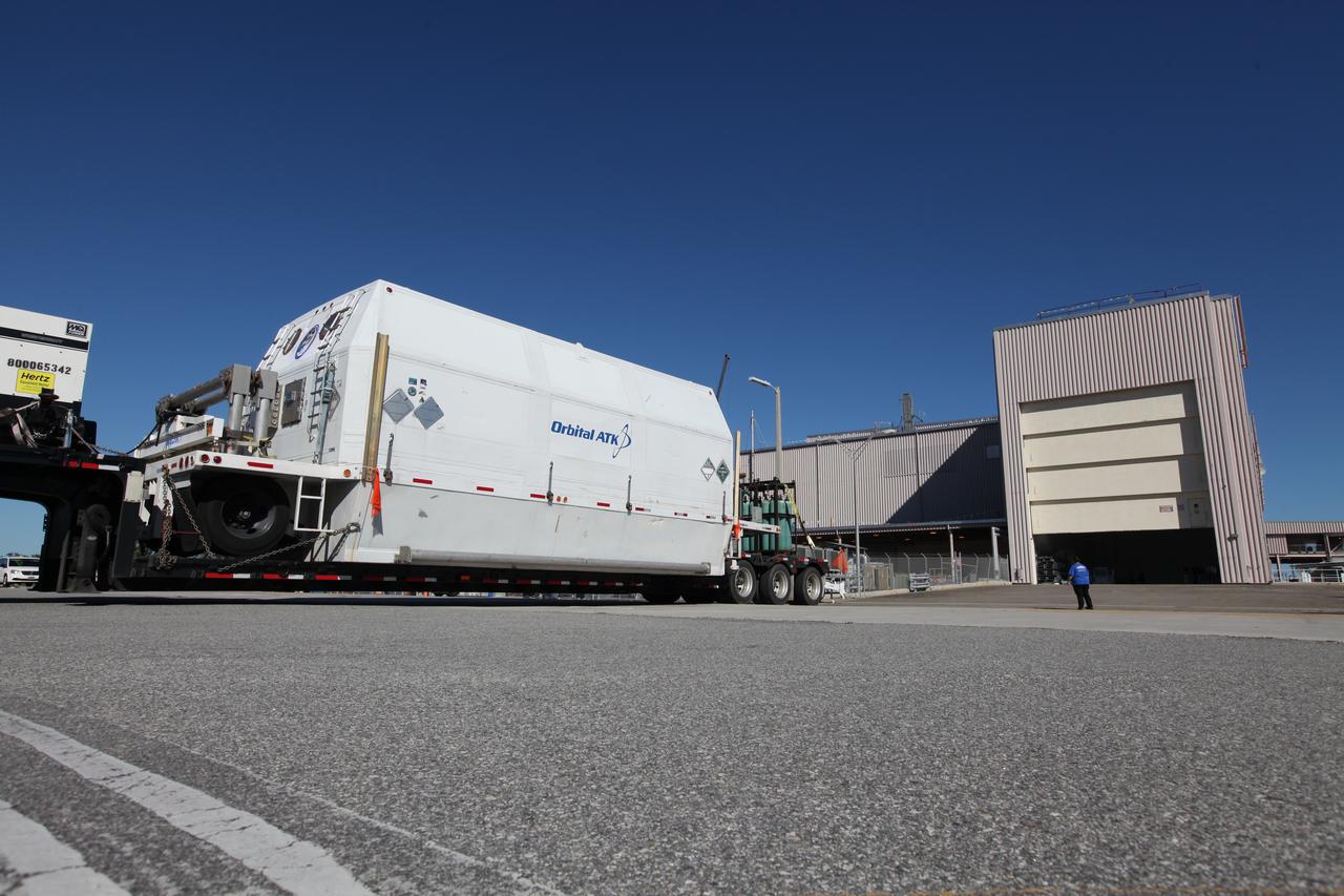 The Orbital ATK OA-7 Cygnus spacecraft's service module arrives inside the Space Station Processing Facility of NASA's Kennedy Space Center in Florida. The service module is sealed in an environmentally controlled shipping container, pulled in by truck on a low-boy flatbed trailer. Scheduled to launch on March 19, 2017, the Orbital ATK OA-7 mission will lift off atop a United Launch Alliance Atlas V rocket from Space launch Complex 41 at Cape Canaveral Air Force Station. The commercial resupply services mission to the International Space Station will deliver thousands of pounds of supplies, equipment and scientific research materials that improve life on Earth and drive progress toward future space exploration.