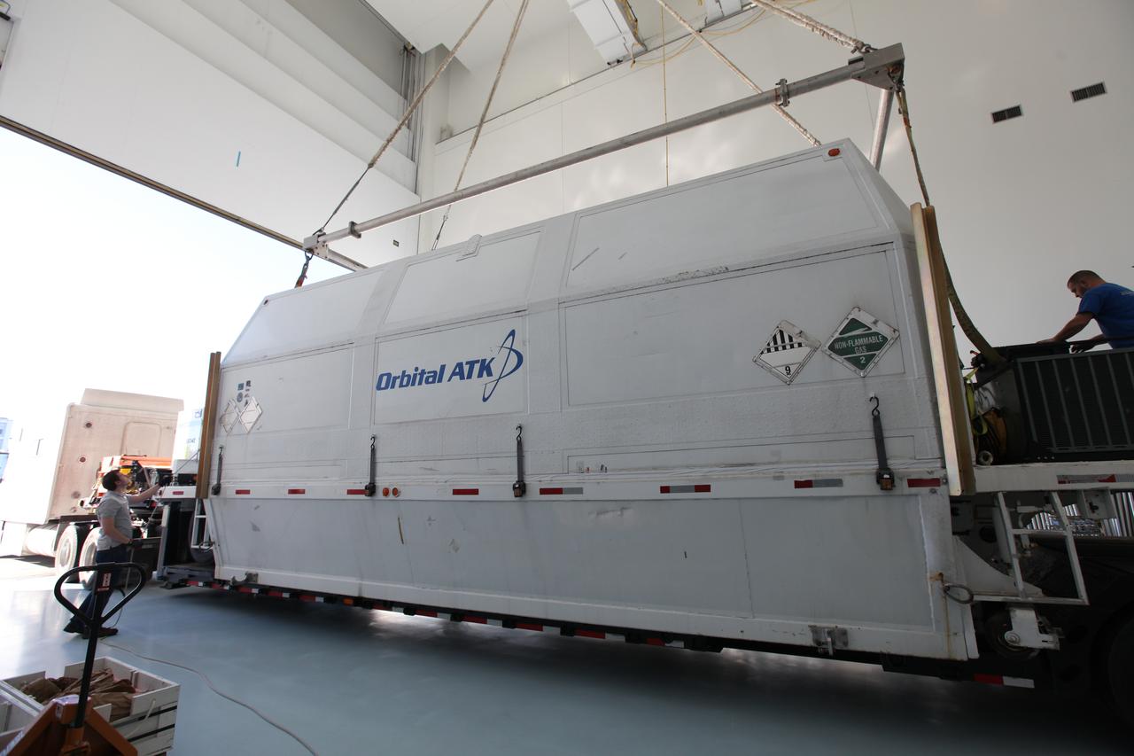 The Orbital ATK OA-7 Cygnus spacecraft's service module arrives inside the Space Station Processing Facility of NASA's Kennedy Space Center in Florida. The service module is sealed in an environmentally controlled shipping container, pulled in by truck on a low-boy flatbed trailer. Scheduled to launch on March 19, 2017, the Orbital ATK OA-7 mission will lift off atop a United Launch Alliance Atlas V rocket from Space launch Complex 41 at Cape Canaveral Air Force Station. The commercial resupply services mission to the International Space Station will deliver thousands of pounds of supplies, equipment and scientific research materials that improve life on Earth and drive progress toward future space exploration.