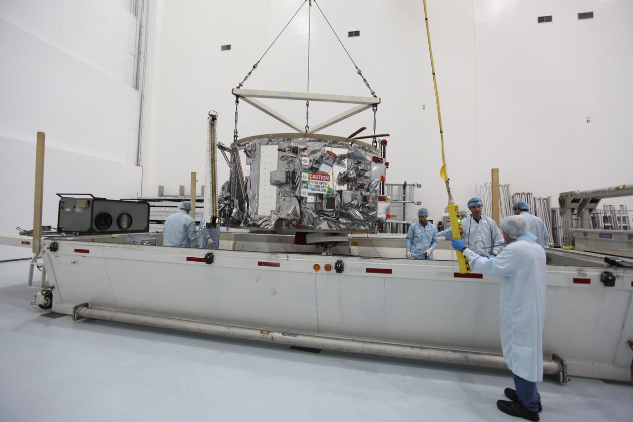 Inside the Space Station Processing Facility at NASA's Kennedy Space Center in Florida, Engineers and technicians use a crane to lift the Orbital ATK OA-7 Cygnus spacecraft's service module from its shipping container. Scheduled to launch on March 19, 2017, the Orbital ATK OA-7 mission will lift off atop a United Launch Alliance Atlas V rocket from Space launch Complex 41 at Cape Canaveral Air Force Station. The commercial resupply services mission to the International Space Station will deliver thousands of pounds of supplies, equipment and scientific research materials that improve life on Earth and drive progress toward future space exploration.