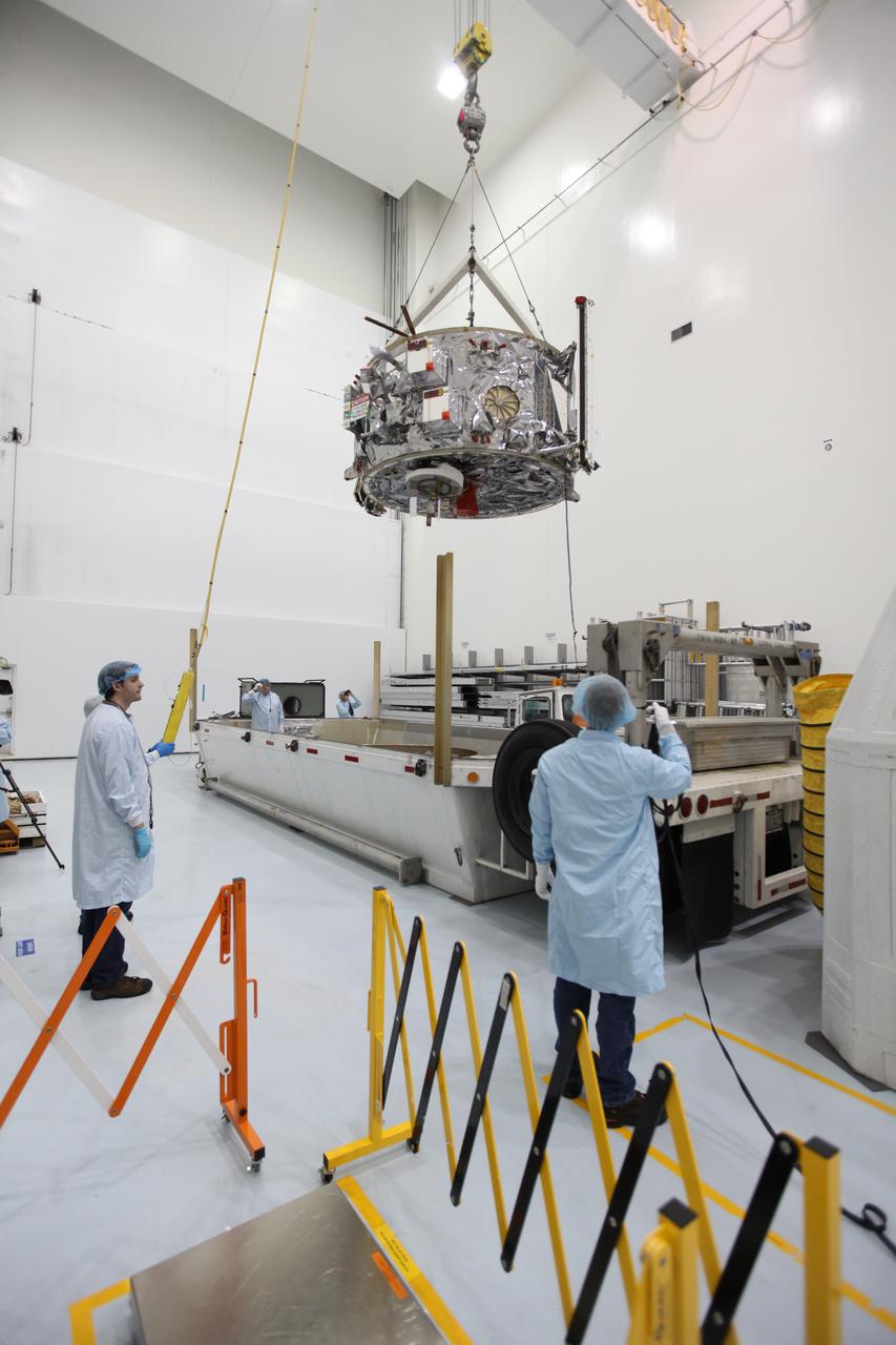 Inside the Space Station Processing Facility at NASA's Kennedy Space Center in Florida, Engineers and technicians use a crane to lift the Orbital ATK OA-7 Cygnus spacecraft's service module from its shipping container. Scheduled to launch on March 19, 2017, the Orbital ATK OA-7 mission will lift off atop a United Launch Alliance Atlas V rocket from Space launch Complex 41 at Cape Canaveral Air Force Station. The commercial resupply services mission to the International Space Station will deliver thousands of pounds of supplies, equipment and scientific research materials that improve life on Earth and drive progress toward future space exploration.