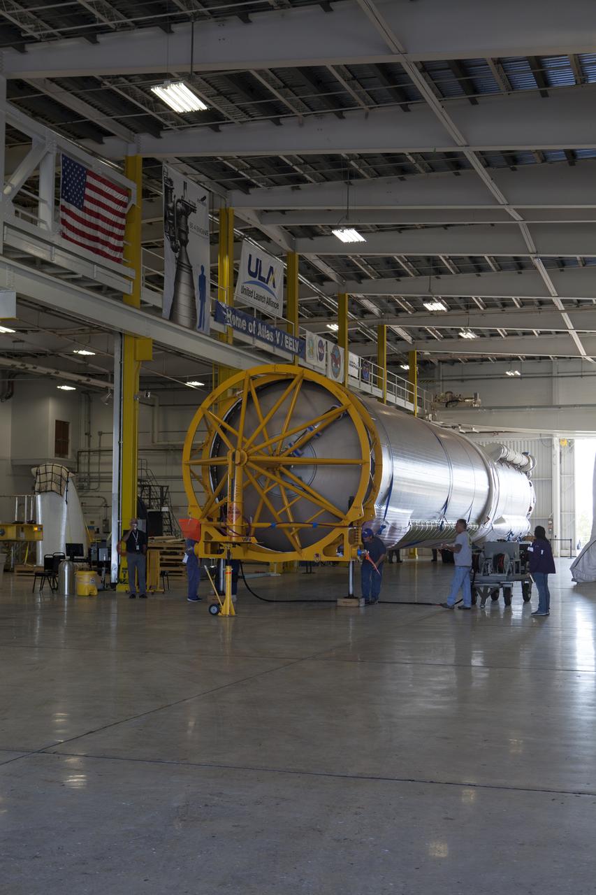 A United Launch Alliance (ULA) Atlas V booster arrives at Cape Canaveral Air Force Station's Atlas Spaceflight Operations Center (ASOC). The Atlas V will undergo final testing in that facility. When processing in the ASOC is complete, the Atlas booster will be moved to the Vertical Integration Facility for stacking at Space Launch Complex 41. Scheduled to launch March 19, 2017, the Atlas will launch a Cygnus spacecraft on the Orbital ATK CRS-7 mission to deliver thousands of pounds of supplies, equipment and scientific research materials to the International Space Station.