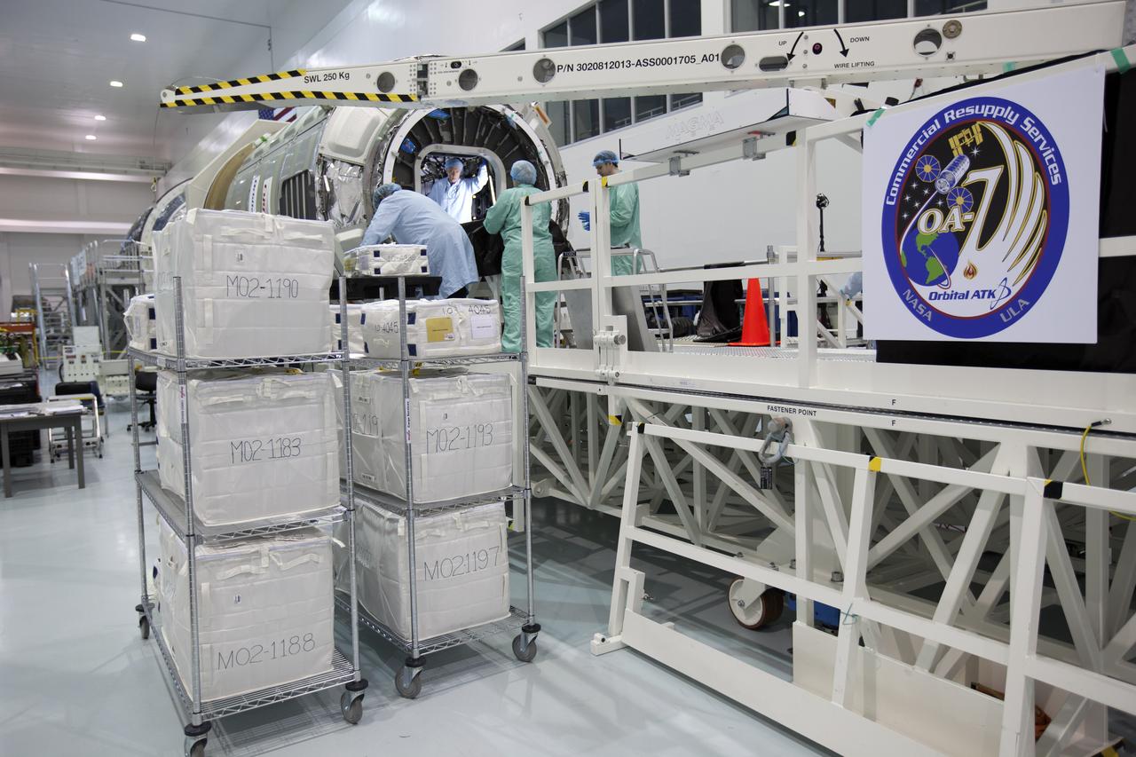 In the Space Station Processing Facility at NASA's Kennedy Space Center in Florida, technicians and engineers load thousands of pounds of supplies, equipment and scientific research materials aboard a Cygnus spacecraft's pressurized cargo module (PCM) for the Orbital ATK CRS-7 mission to the International Space Station. Scheduled to launch on March 19, 2017, the commercial resupply services mission will lift off atop a United Launch Alliance Atlas V rocket from Space launch Complex 41 at Cape Canaveral Air Force Station.