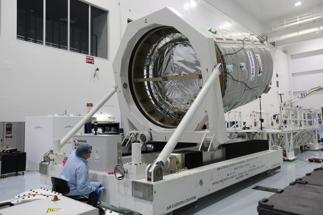 In the Space Station Processing Facility at NASA's Kennedy Space Center in Florida, the hatch is closed on the Cygnus spacecraft's pressurized cargo module (PCM) for the Orbital ATK CRS-7 mission to the International Space Station. The module is being rotated to vertical for mating to the service module. Scheduled to launch on March 19, 2017, the commercial resupply services mission will lift off atop a United Launch Alliance Atlas V rocket from Space launch Complex 41 at Cape Canaveral Air Force Station. 