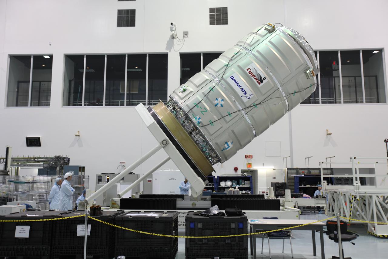 In the Space Station Processing Facility at NASA's Kennedy Space Center in Florida, the hatch was closed on the Cygnus spacecraft's pressurized cargo module (PCM) for the Orbital ATK CRS-7 mission to the International Space Station. The module is being rotated to vertical for mating to the service module. Scheduled to launch on March 19, 2017, the commercial resupply services mission will lift off atop a United Launch Alliance Atlas V rocket from Space launch Complex 41 at Cape Canaveral Air Force Station. 