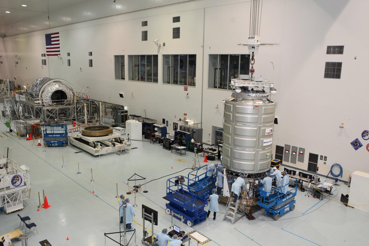In the Space Station Processing Facility at NASA's Kennedy Space Center in Florida, technicians and engineers mate a Cygnus spacecraft's pressurized cargo module to its service module. Cygnus is being prepared to deliver thousands of pounds of supplies, equipment and scientific research materials on the Orbital ATK CRS-7 mission to the International Space Station. Scheduled to launch on March 19, 2017, the commercial resupply services mission will lift off atop a United Launch Alliance Atlas V rocket from Space launch Complex 41 at Cape Canaveral Air Force Station.