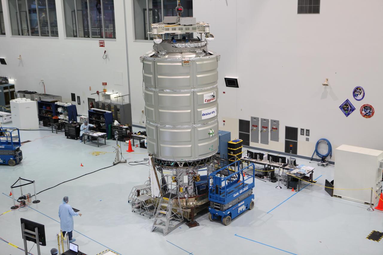 In the Space Station Processing Facility at NASA's Kennedy Space Center in Florida, technicians and engineers test a Cygnus spacecraft after its pressurized cargo module was mated to its service module. Cygnus is being prepared to deliver thousands of pounds of supplies, equipment and scientific research materials on the Orbital ATK CRS-7 mission to the International Space Station. Scheduled to launch on March 19, 2017, the commercial resupply services mission will lift off atop a United Launch Alliance Atlas V rocket from Space launch Complex 41 at Cape Canaveral Air Force Station.