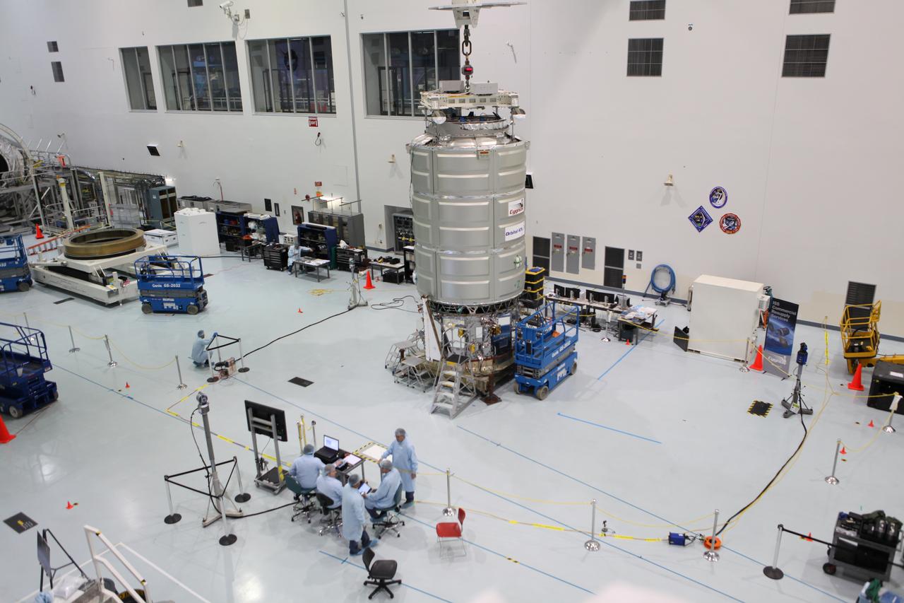 In the Space Station Processing Facility at NASA's Kennedy Space Center in Florida, technicians and engineers test a Cygnus spacecraft after its pressurized cargo module was mated to its service module. Cygnus is being prepared to deliver thousands of pounds of supplies, equipment and scientific research materials on the Orbital ATK CRS-7 mission to the International Space Station. Scheduled to launch on March 19, 2017, the commercial resupply services mission will lift off atop a United Launch Alliance Atlas V rocket from Space launch Complex 41 at Cape Canaveral Air Force Station.
