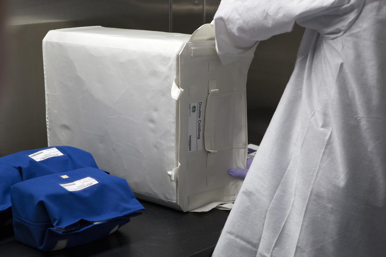 APEX-04, or Advanced Plant EXperiments-04, is being prepared in a cold room in the Kennedy Space Center Processing Facility for SpaceX-10. Eric Morris from the cold stowage group places the APEX-04 science kits into the Double Cold Bag (DCB), which is a non-powered container that keeps the APEX petri plates at +4 degrees Celsius during launch and ascent. The cold bricks in the lower right of the photo are placed in the DCB prior to closure. Dr. Anna Lisa Paul of the University of Florida is the principal investigator for APEX-04. Apex-04 is an experiment involving Arabidopsis in petri plates inside the Veggie facility aboard the International Space Station. Since Arabidopsis is the genetic model of the plant world, it is a perfect sample organism for performing genetic studies in spaceflight. The experiment is the result of a grant from NASA’s Space Life and Physical Sciences division.