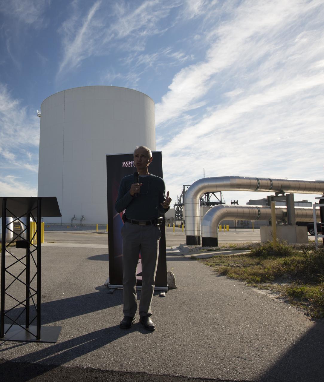Ismael H. Otero, NASA Kennedy Space Center's project manager on the thermal energy program, addresses the news media and NASA Social about the new Thermal Energy Storage (TES) tank Feb. 17. The TES tank works like a giant battery and is saving the center utility cost. These savings will be applied to new sustainable projects at Kennedy. 
