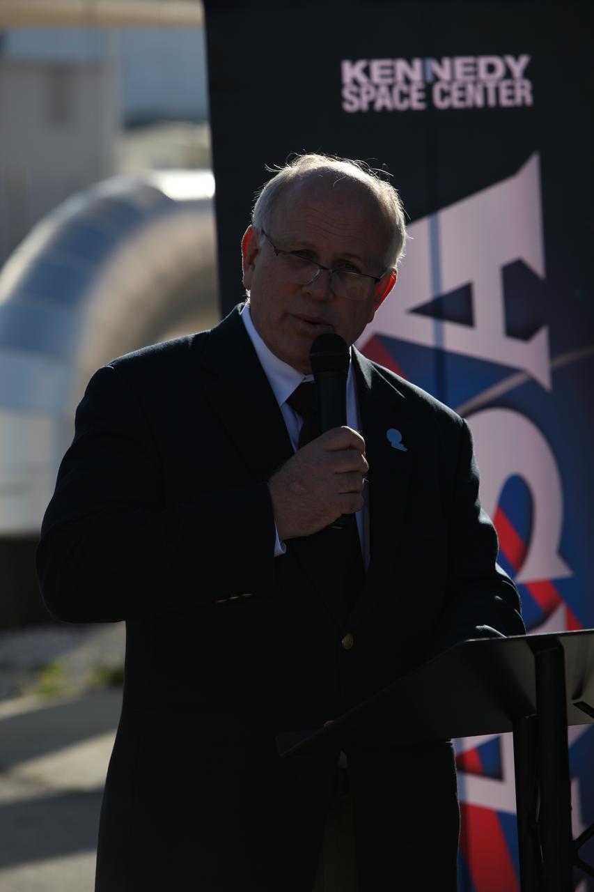 Bart Gaetjens, Florida Power & Light's FPL area external affairs manager, addresses the news media and NASA Social about the new Thermal Energy Storage (TES) tank Feb. 17. The TES tank works like a giant battery and is saving the center utility cost. These savings will be applied to new sustainable projects at Kennedy. 